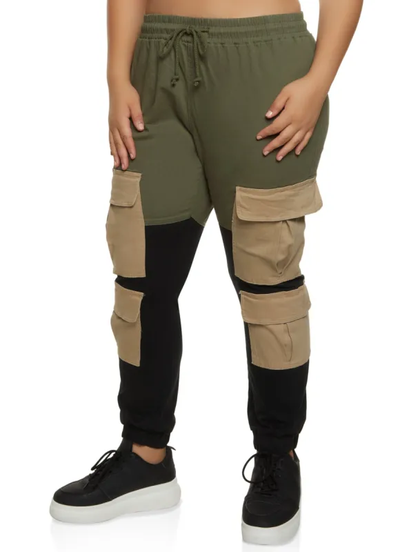 Plus Size Twill Color Block Cargo Joggers sold by Rainbow