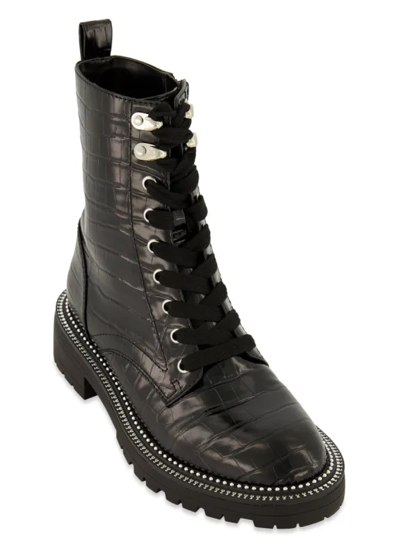 Faux Croc Studded Combat Boots sold by Rainbow