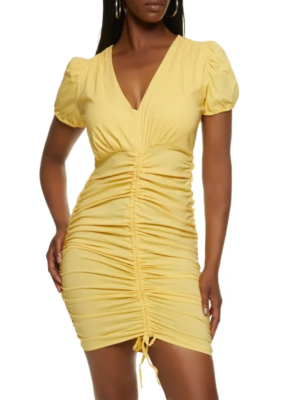 Puff Sleeve Ruched Mini Dress sold by Rainbow