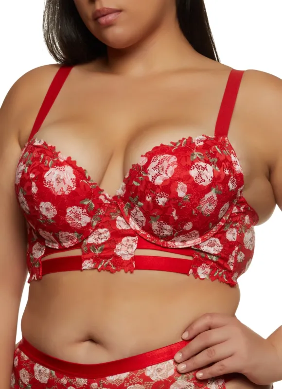 Plus Size Floral Print Lace Caged Longline Bra sold by Rainbow