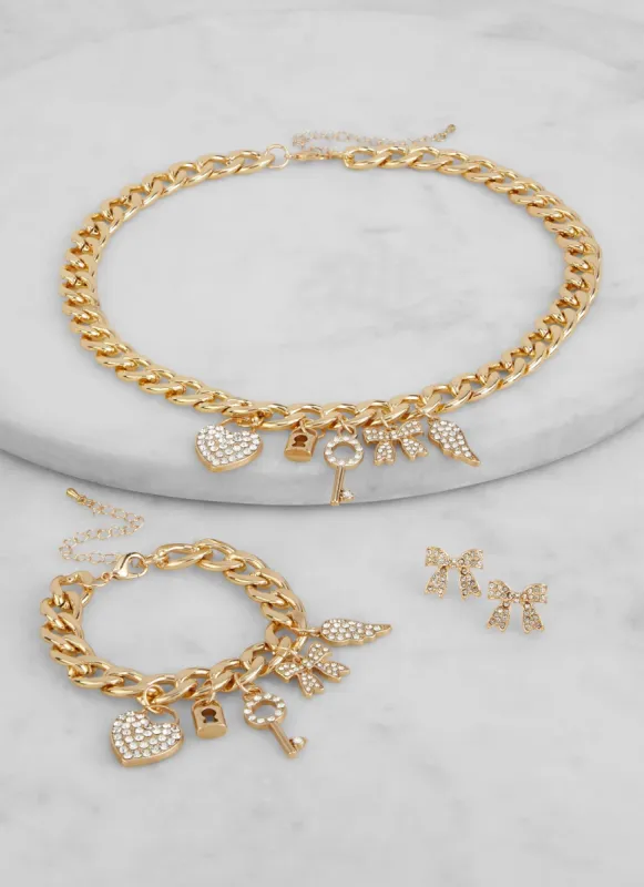 Rhinestone Charm Necklace with Bracelet and Earrings sold by Rainbow