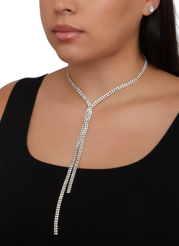 Rhinestone Twist Lariat Necklace and Stud Earrings sold by Rainbow