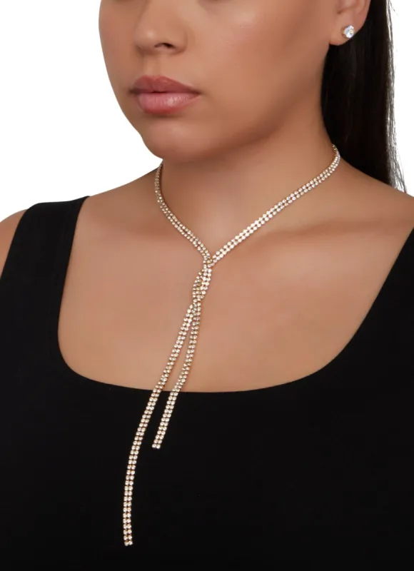 Rhinestone Twist Lariat Necklace and Stud Earrings sold by Rainbow