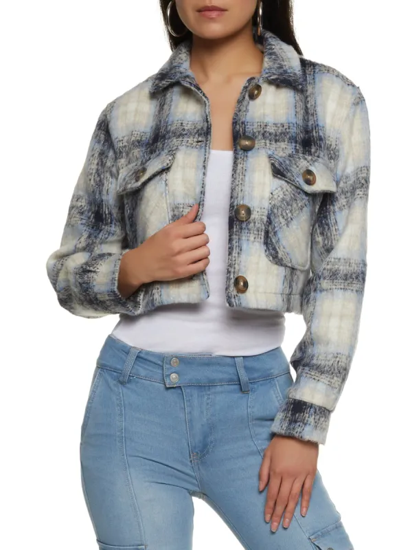 Plaid Button Front Cropped Shacket sold by Rainbow