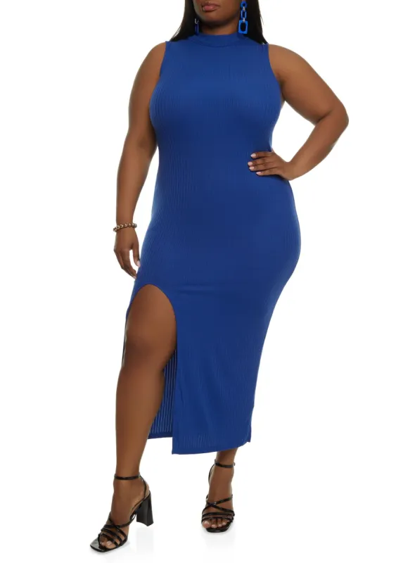Plus Size Mock Neck Side Slit Tank Dress sold by Rainbow