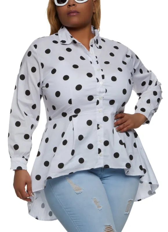 Plus Size Polka Dot Print Button Front High Low Shirt sold by Rainbow
