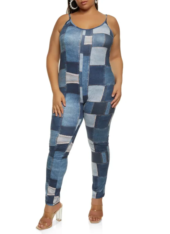 Plus Size Patchwork Print Cami Catsuit sold by Rainbow