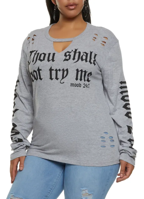 Plus Size Keyhole Long Sleeve Graphic Tee sold by Rainbow