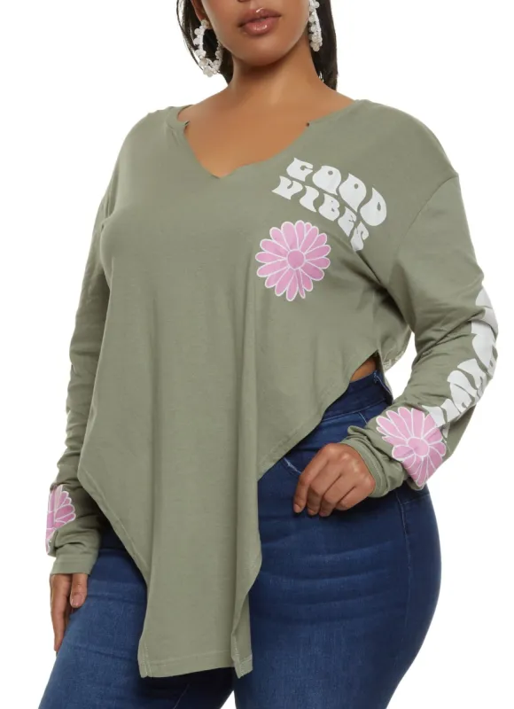 Plus Size Good Vibes Hanky Hem Graphic Tee sold by Rainbow