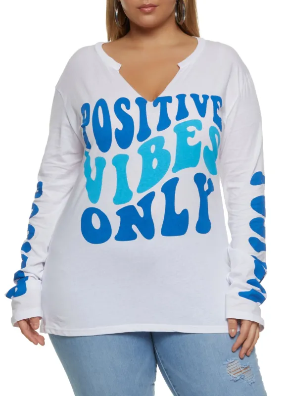 Plus Size Positive Vibes Only Long Sleeve Graphic Tee sold by Rainbow
