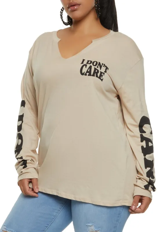 Plus Size I Dont Care Graphic Long Sleeve Tee made by Rainbow