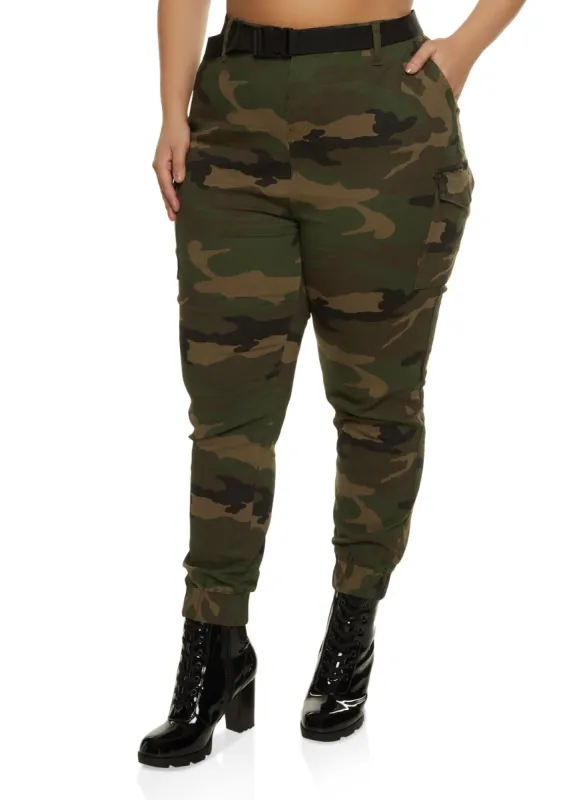 Plus Size Belted Camo Cargo Joggers sold by Rainbow