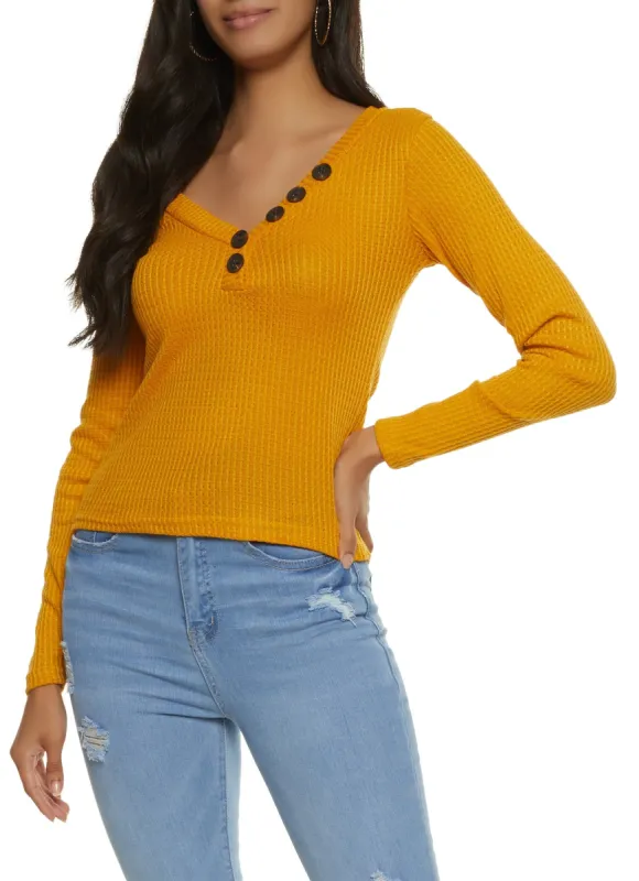 Waffle Knit Faux Button Detail Top sold by Rainbow