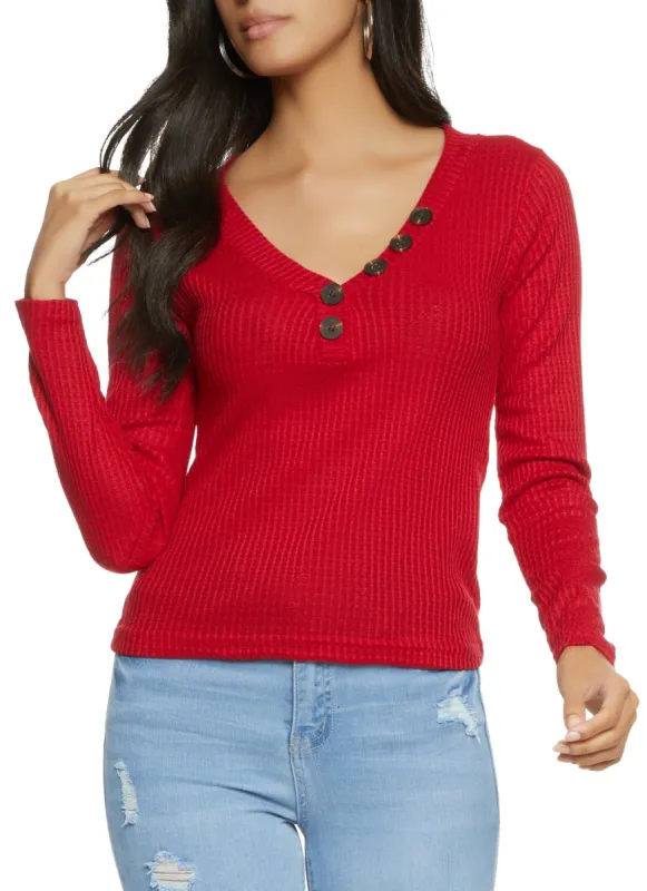 Waffle Knit Faux Button Detail Top sold by Rainbow