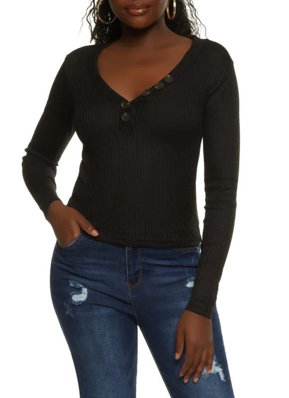 Waffle Knit Faux Button Detail Top sold by Rainbow