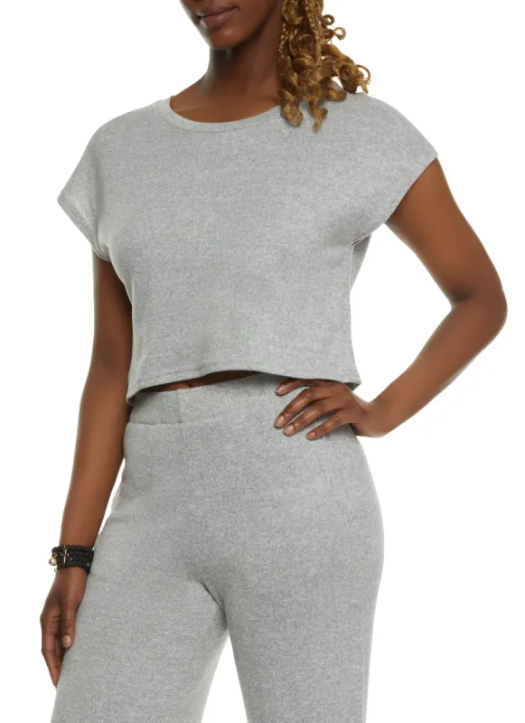 Brushed Knit Cap Sleeve Crew Neck Crop Top sold by Rainbow