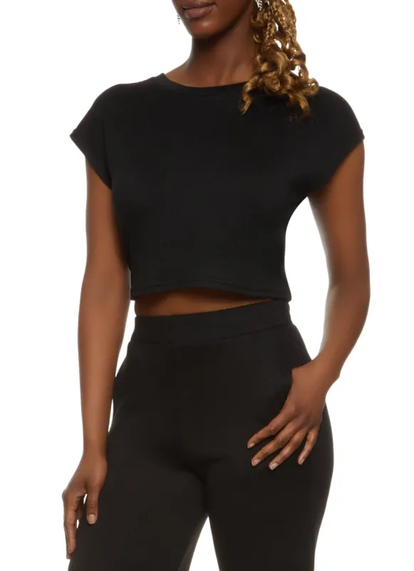 Brushed Knit Cap Sleeve Crew Neck Crop Top sold by Rainbow