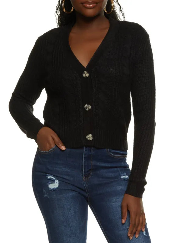 Solid Cable Knit Cropped Cardigan sold by Rainbow