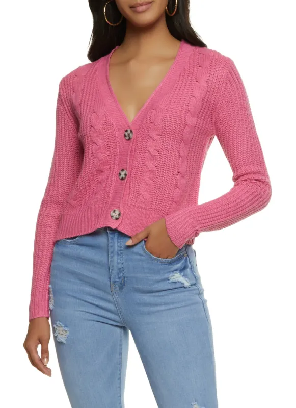 Solid Cable Knit Cropped Cardigan sold by Rainbow