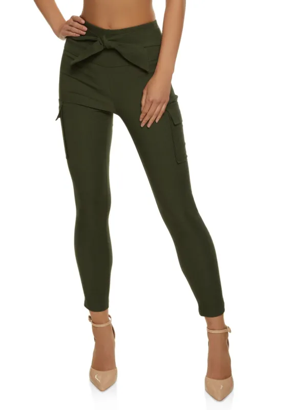 Crepe Knit Tie Waist Cargo Pocket Pants sold by Rainbow