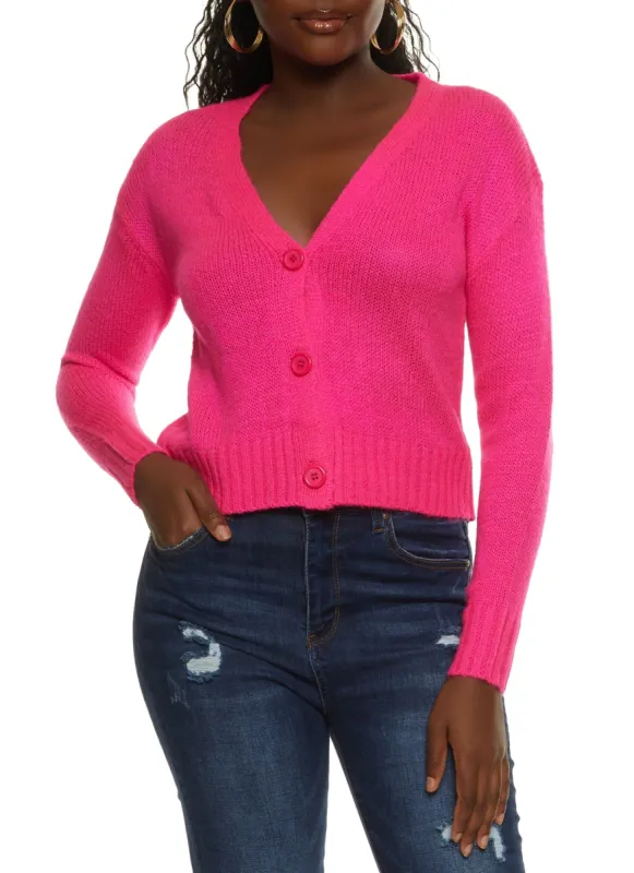 Solid Cable Knit Button Front Cropped Cardigan sold by Rainbow