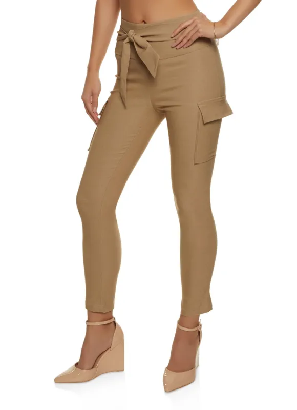 Crepe Knit Tie Waist Cargo Pocket Pants sold by Rainbow