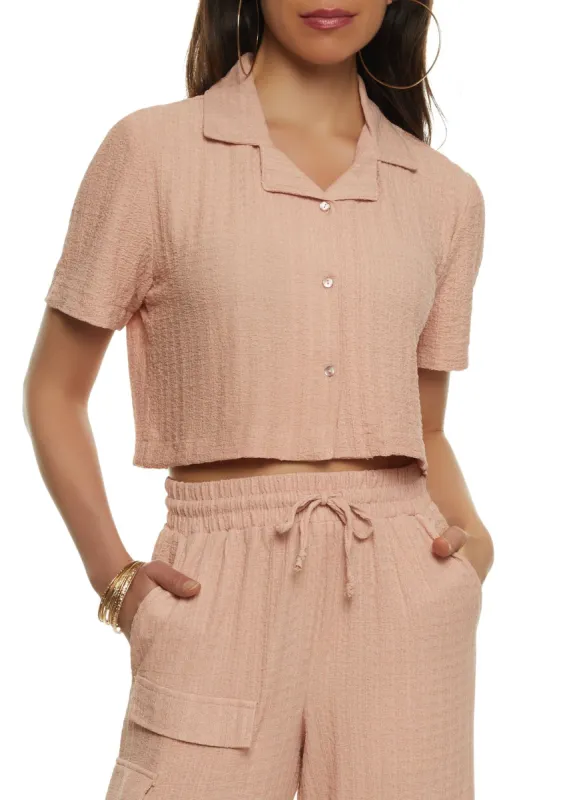 Textured Knit Short Sleeve Button Front Shirt sold by Rainbow