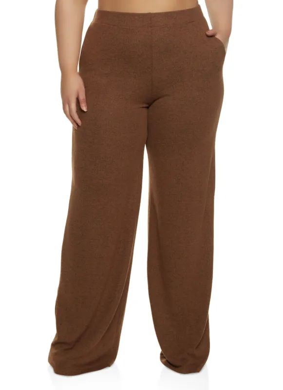 Plus Size Brushed Knit High Waist Wide Leg Pants sold by Rainbow