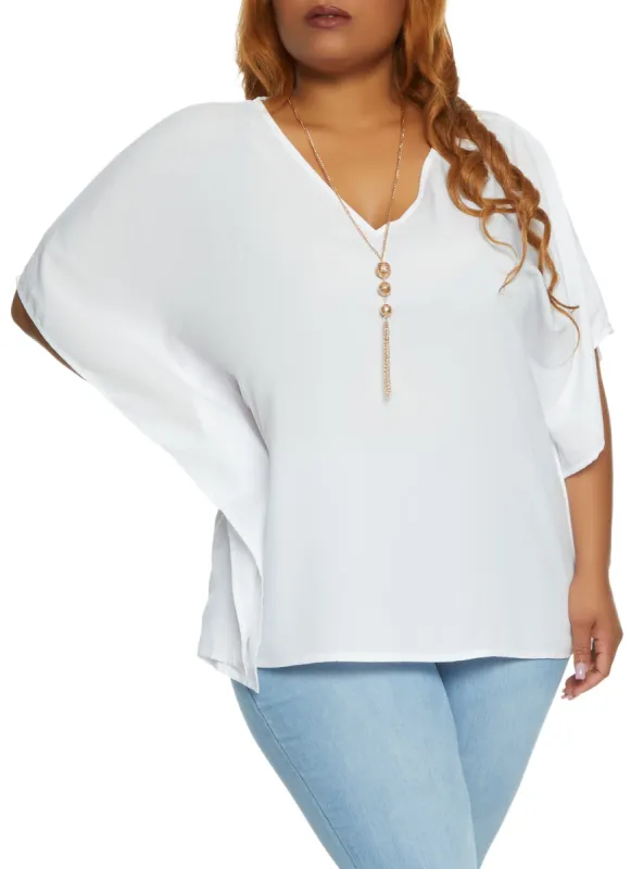 Plus Size Solid Poncho with Necklace sold by Rainbow