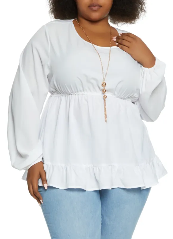 Plus Size Ruffle Trim Peplum Blouse with Necklace sold by Rainbow
