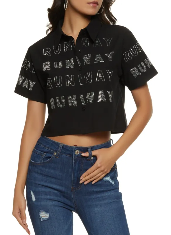 Rhinestone Runway Cropped Shirt sold by Rainbow
