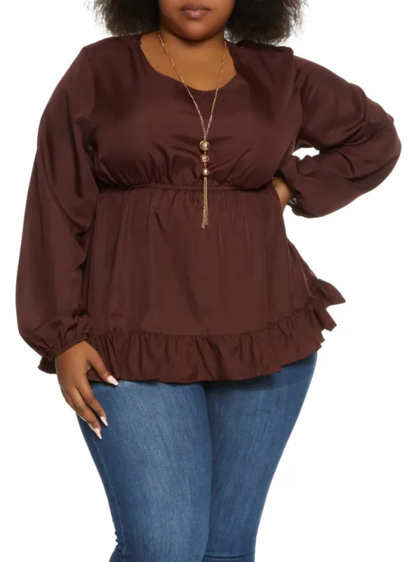 Plus Size Ruffle Trim Peplum Blouse with Necklace sold by Rainbow