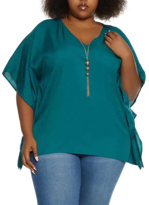 Plus Size Solid Poncho with Necklace sold by Rainbow