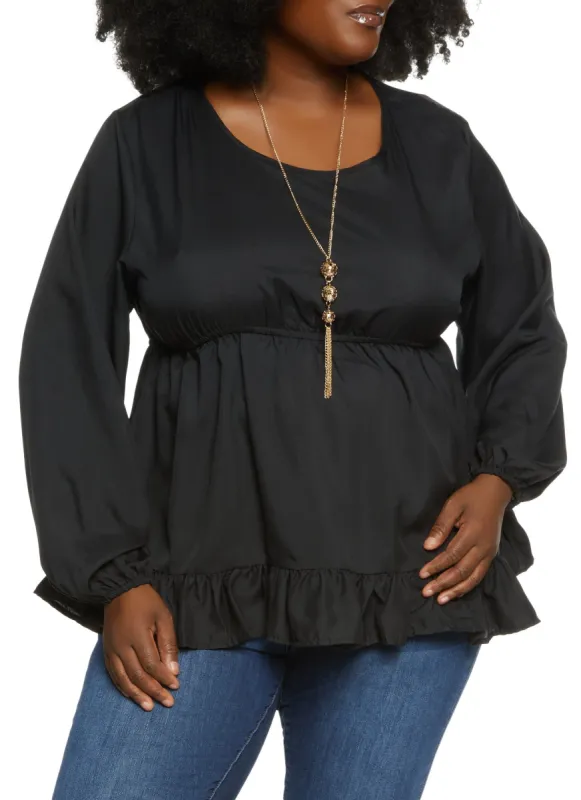 Plus Size Ruffle Trim Peplum Blouse with Necklace sold by Rainbow