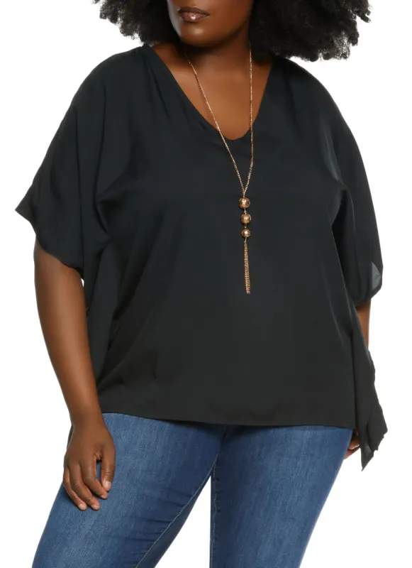 Plus Size Solid Poncho with Necklace sold by Rainbow