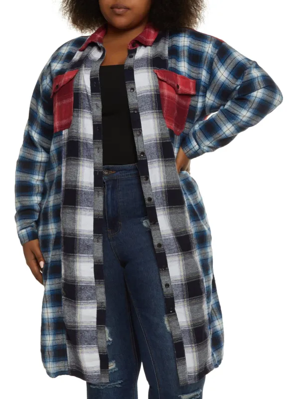 Plus Size Color Block Plaid Long Flannel Shirt sold by Rainbow