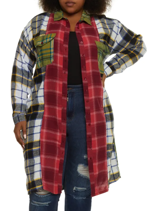 Plus Size Color Block Plaid Long Flannel Shirt sold by Rainbow