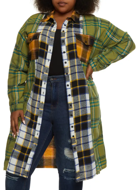 Plus Size Color Block Plaid Long Flannel Shirt sold by Rainbow