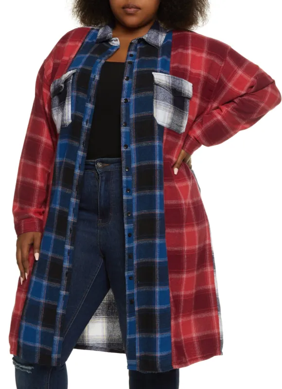 Plus Size Color Block Plaid Long Flannel Shirt sold by Rainbow