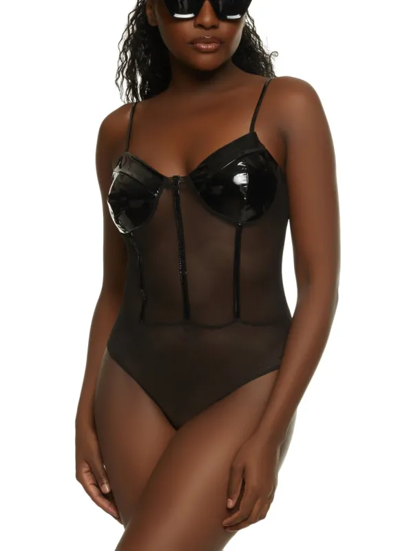 Faux Leather Mesh Corset Bodysuit sold by Rainbow