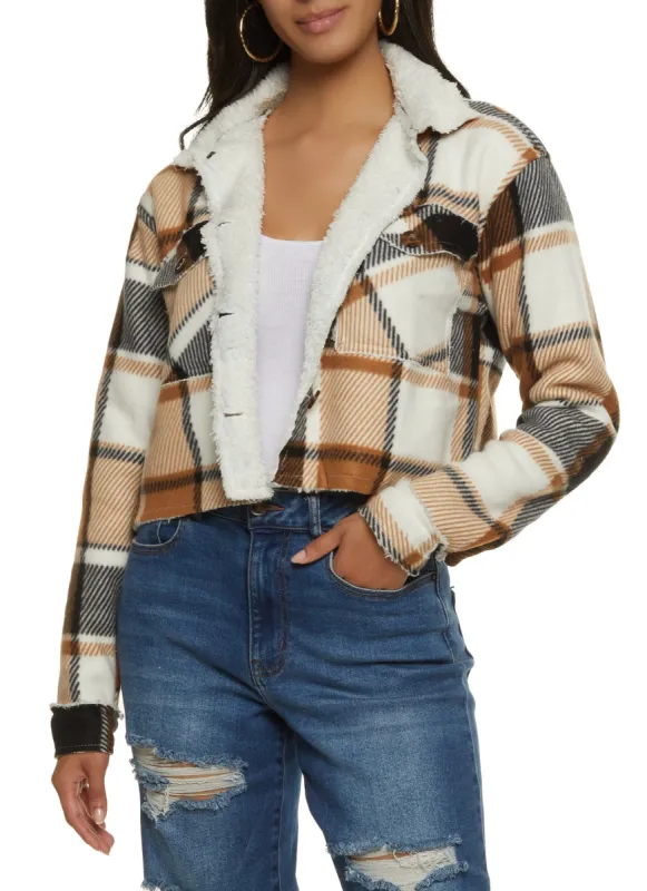 Sherpa Lined Plaid Cropped Jacket sold by Rainbow