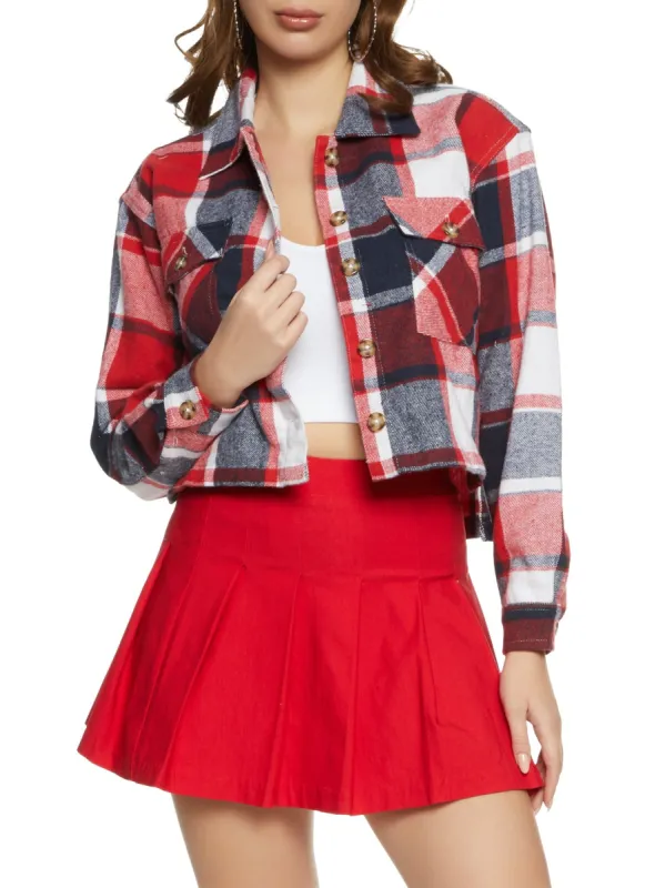 Plaid Brushed Knit Cropped Shacket sold by Rainbow