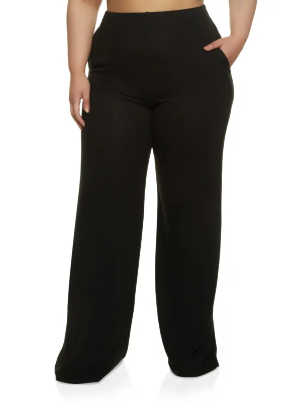 Plus Size Brushed Knit High Waist Wide Leg Pants sold by Rainbow