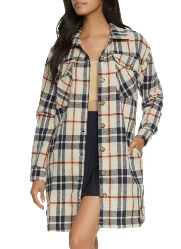 Plaid Brushed Knit Long Line Shacket sold by Rainbow