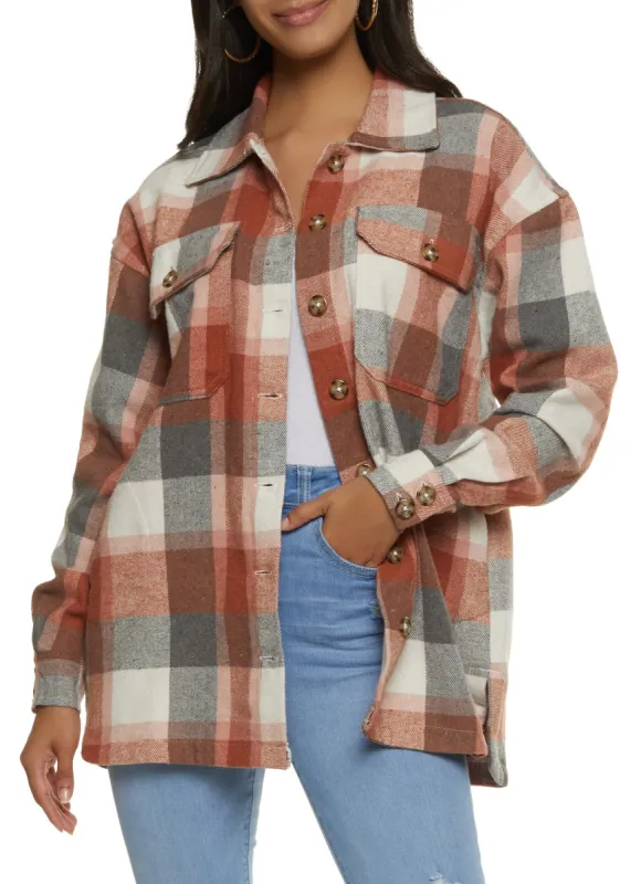 Plaid Brushed Knit Button Front Shacket sold by Rainbow