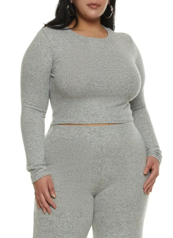 Plus Size Brushed Knit Long Sleeve Crop Top sold by Rainbow