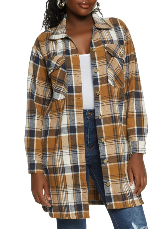 Plaid Brushed Knit Long Line Shacket sold by Rainbow