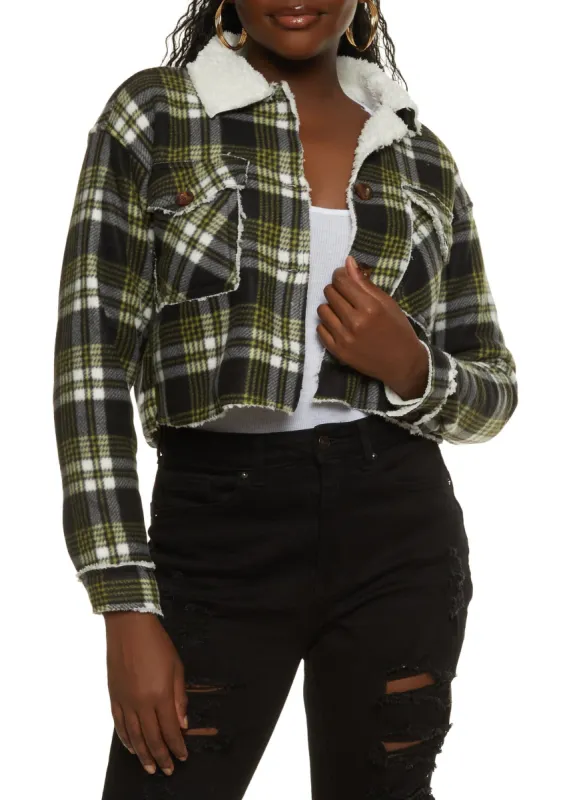 Sherpa Lined Plaid Cropped Jacket sold by Rainbow