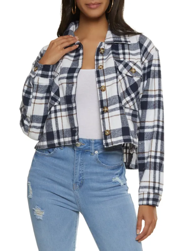 Plaid Brushed Knit Cropped Shacket sold by Rainbow