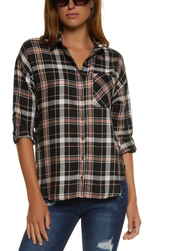 Plaid Tabbed Sleeve Button Down Top sold by Rainbow